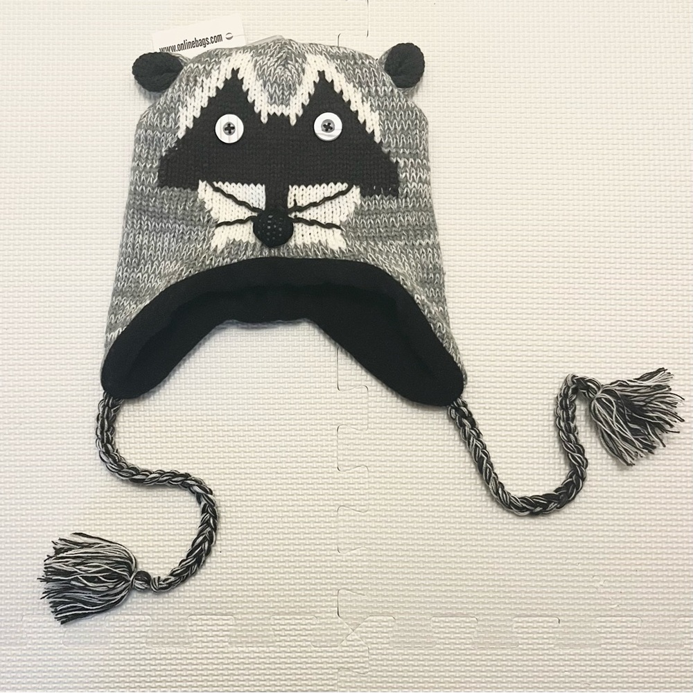 Kids Knit Hat with Raccoon Face Grey Black Size S NWT